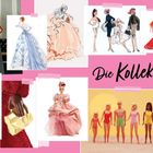 "Die Kollektionen" steht auf rosa Hintergrund. Verschiedene Puppen und Mode-Skizzen sind zusammen als Collage angeordnet.