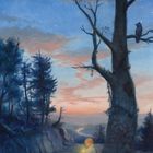 Eine Illustration zeigt ein Kind, das im Wald sitzt und ein leuchtendes Objekt hält; darüber ein Baum mit Eule und Sternenhimmel.