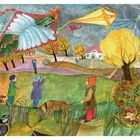 Illustration von Kindern mit Drachen. Farbenfrohe Landschaft mit Bäumen und einem Haus im Hintergrund.
