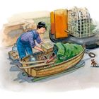 Mann verstaut bei einem Schlitten mit "Rover" Box. Illustration mit Tierkäfig, Koffer und kleinen Bärenspielzeug.