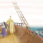 Eine Illustration zeigt Figuren auf einem Schiff. Eine Person betrachtet sich in einem Handspiegel. Tiere schwimmen im Wasser.