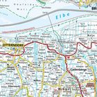 Karte mit Orten wie Otterndorf, Neuhaus und Cadenberge, durchzogen von Flüssen und Straßen. Oben die Elbe.