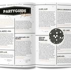 PARTYGUIDE Rom. Black Market Hall, Alcazar Live, Piper Club, Spazio Novecento, Profumo Spazio Sensoriale, Art Café, Shari Vari. Texte beschreiben Clubs in Rom mit Musikrichtungen und Erlebnissen. Diskokugel-Illustration unten rechts.