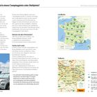 Titel: "Wie finde ich einen Campingplatz oder Stellplatz?"  
Text beschreibt Campingplatzsuche, enthält Landkarte von Frankreich und Bild eines Wohnmobils in grünem Gelände.