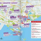 Karte von Singapur mit Texten zu Ausgehmöglichkeiten, hervorgehoben in farbigen Boxen, mit einem Fokus auf Nachtleben.