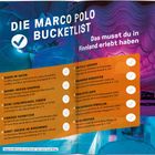 "Die Marco Polo Bucketlist. Das musst du in Finnland erlebt haben." Listen mit Aktivitäten und Seitenzahlen vor blauen und lila Eismuster.