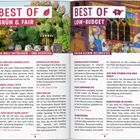 Zwei Seiten eines Magazins: Links "BEST OF GRÜN & FAIR", rechts "BEST OF LOW-BUDGET". Verschiedene Reisetipps und Infos.