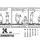 Ein Comic: Ein Mann leiht sich eine Badehose. Datum: 24. Juni, Donnerstag. Unten ein Kalender mit Juni-Daten.