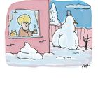ARI PLIKAT. Kalenderblatt: November, Donnerstag, 18. Illustration: Person mit Katze schaut aus dem Fenster auf einen Schneemann.