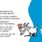 Juni, Montag, 14. Ein Witz über Herrn Neunmalklug und eine Ziege. Comic-Stil mit einer lächelnden Ziege.