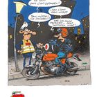 Illustration: Ein Polizist hält einen Motorradfahrer nachts an. Wortwechsel über Lichtprobleme, Kalender für Oktober darunter.