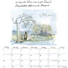 Kalenderblatt mit Gedicht über Ruhe und Freundschaft. Illustration von einem Angler mit Hund am Fluss im März.