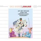 DEZ 2026 | JANUAR. "AUF DER PACKUNG STAND NUR 'ÜBERRASCHUNGS-FEUERWERK'!" Illustration einer explodierenden Tüte.