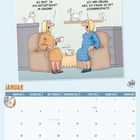 Kalenderseite Januar mit Cartoon. Zwei Frauen und Origami. Text: "DU BIST JA EIN NATURTALENT IM ORIGAMI!" und "ICH HAB ÜBUNG, WEIL ICH ERWIN SO OFT ZUSAMMENFALTE!"