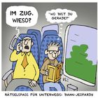 Zwei Personen im Zug. Eine fragt am Telefon: „Wo bist du gerade?“ Die andere denkt: „Im Zug. Wieso?“ Eine liest.
