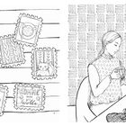 Links: "KOMME was Wolle". Briefmarken mit Tieren, Strickmustern, Herz. Rechts: Frau mit Tasse, Katze, gestrickte Gegenstände.