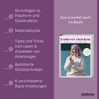 Text: "Grundlagen zu Passform und Konstruktion, Materialkunde, Tipps und Tricks zum Lesen & Anpassen von Anleitungen." Ein Buchcover mit einer lächelnden Frau in einem hellen Pullover.