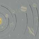 Illustration eines Sonnensystems: Sonne und Planeten mit Bezeichnungen und Beschreibungen ihrer astrologischen Bedeutungen.
