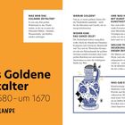 Das Bild beschreibt das Goldene Zeitalter der Niederlande um 1580–1670 und enthält Text über Kunst, Handel, und technische Neuerungen. Links unten auf Orange steht: "Das Goldene Zeitalter um 1580–um 1670 NIEDERLANDE". Rechts oben Erklärungen und eine Illustration einer verzierten Kanne.