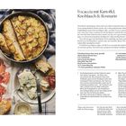 Focaccia mit Kartoffel, Knoblauch & Rosmarin. Rezept und Zutatenliste für 6-8 Personen. Links Bild von Focaccia und Beilagen.