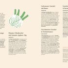 Texte: "5 schnelle Ideen FENCHEL", "Fenchelsalat mit Orange & Dill", "Pikanter Ofenfenchel mit Tomaten-Joghurt-Dip", "Gebratener Fenchel mit Butter", "Geschmorter Fenchel in Tomatensauce", "Fenchel-Pasta mit Zitrone & Parmesan".  

Illustration: Eine Fenchelknolle mit grünen Blättern.