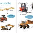 Titel: "Achtung, Baustelle!" Text: "Setz den Helm auf, jetzt fängt die Arbeit an!" Enthält Illustrationen von Baugeräten.