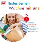 Text: "Erstes Lernen, Wachse mit uns! Lernziele: Wortschatz erweitern, zum Sprechen animieren, Blättern üben."  
Illustration: Mutter und Kind mit Einkaufstasche.