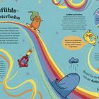 Gefühls-Achterbahn. Farben erinnern an Gefühle. Illustrationen von Tieren auf Regenbögen. Bereichte Farben und Emotionen.