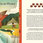 "Der Lachs der Weisheit. Fionn mac Cumhaill war noch ein Junge, als man ihn zu dem Dichter und großen Meister Finneagas schickte..." 

Links eine farbenfrohe Illustration mit einem großen Lachs und einer Hütte, rechts Fließtext und kleine Haselnuss-Illustrationen oben.
