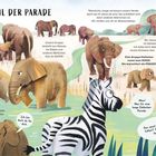 Illustration: Mehrere Seeotter treiben Hand in Hand im Wasser. Ein Zebra beobachtet sie. Texte beschreiben Otterverhalten.