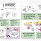 Texte beschreiben die Schritte, um ein Chibi-Mädchen mit einem rosa Lolli zu zeichnen. Illustrationen zeigen die einzelnen Schritte.