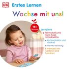 "Erstes Lernen: Wachs mit uns! 18+ Monate. Lernziele: Feinmotorik, Koordination, Konzentration, Formenerkennung, Sortieren." Ein Kind spielt mit Puzzleteilen.