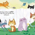Molli, Diego, Minka sind größer als andere, aber nicht die größten Katzen. Illustration von vielen bunten Katzen.