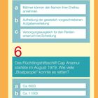 Oberer Text fragt, was 1977 im Eherecht neu war. Optionen: Männer können Namen ihrer Frau annehmen, Aufgabenverteilung, Rentenausgleich. Unterer Text fragt: Wie viele „Boatpeople“ rettete die Cap Anamur 1979? Optionen: Ca. 6500, 11000, 18000. Unten rechts ist eine kleine Erdkugel-Illustration, links Datum 1977-1981 mit „Politik Fragen“.