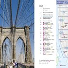 Linke Seite: Die Brooklyn Bridge mit Menschen; rechte Seite: Inhaltsverzeichnis und Karte von New York.