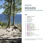 "Inseltrip Rügen", Inhaltsverzeichnis: Themen wie "Sehnsuchtsort", "Rügen entdecken". Links: Bäume am Steilufer mit Meerblick.