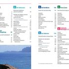 Inhaltsverzeichnis mit sechs Abschnitten: Funchal und Umgebung, Der Südwesten, Die Nordküste, Der Südosten, Porto Santo, Praktische Reisetipps A–Z. Unten eine Küstenlandschaft.