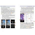 Seitenzahlen 142 und 143. Überschrift: "Weitere Aufnahmemodi, Filter und Einstellungen." Text beschreibt Fotografieeinstellungen und -modi. Zeigt Smartphone-Displays mit Kamerafunktionen.
