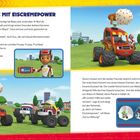 Text: "Einsatz mit Eiscremepower." Kinderbuchillustration mit Monstertrucks, Eiscreme und Charakteren, bunte und fröhliche Szene.