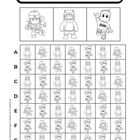 Text: "Findest du diese drei Stumbler in genau derselben Reihenfolge? Kreise sie ein!" Oben drei Charaktere, unten Gitter. Lösung in Reihe E.