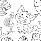 "Bringe Puas Flecken zum Vorschein und den Hintergrund zum Leuchten!" Illustration eines Schweins und Hahns, umgeben von Blättern.