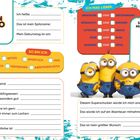 Formular mit Fragen, wie "Ich heiße:", "Meine Hobbys sind:", Auswahlfelder: "Schlau", "Witzig". Minions als Illustrationen.