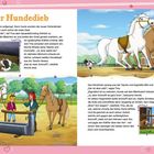 "Der Hundedieb" steht zentral. Zwei Kinder und zwei Pferde auf einem Hof. Ein kleiner Hund springt freudig umher.