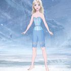 Illustration einer blonden Frau in einem blauen, glitzernden Outfit, umgeben von einer eisigen Landschaft.