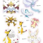 „MEGA-SIMSALA Sticker 9“, „MEGA-ALTARIA Sticker 10“ und andere Pokémon mit auffälligen Designs in leuchtenden Farben.