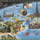 Illustration von Scarif. Texte beschreiben Kämpfe und Charaktere aus einem bekannten Filmuniversum. Szenen mit Inseln, Raumschiffen und Figuren.