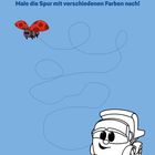 "Leo hat einen Marienkäfer entdeckt. Male die Spur mit verschiedenen Farben nach!" Ein Marienkäfer und ein lächelndes Auto.