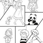 Eine Illustration mit cartoonhaften Figuren, darunter ein Pandabär, ein Bienenkostüm, ein Wikingerhelm und zwei Mädchen.