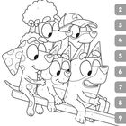 Nummern von 1 bis 10. Eine Illustration von fünf Cartoon-Hunden, die zusammen auf einem Balken sitzen.