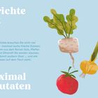 Na, Texte beschreiben in Bild: "Gerichte mit maximal 6 Zutaten." Illustration von Gemüse auf hellblauem Hintergrund.